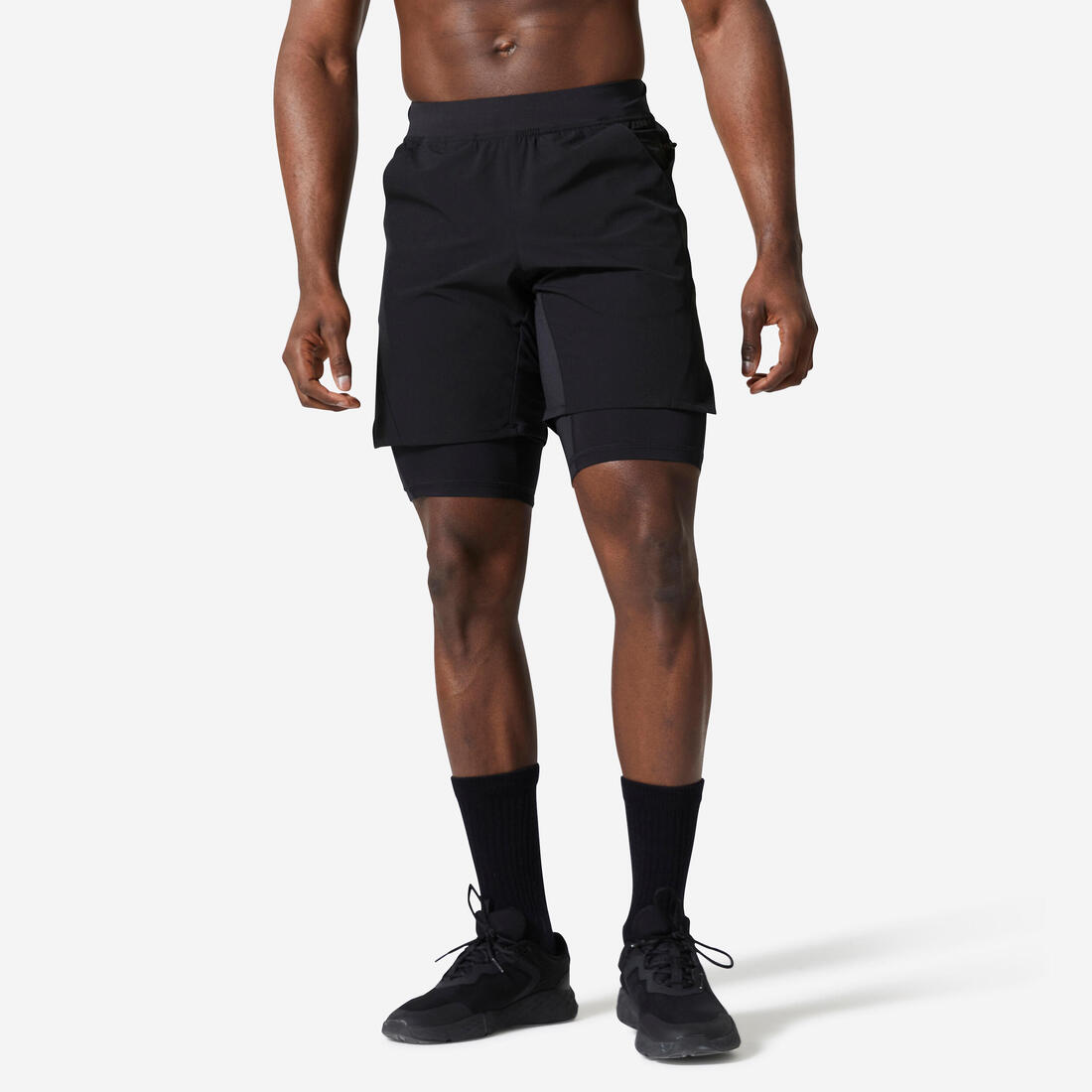 Shortse 2 në 1 për fitnes me xhep dhe ajrosje për meshkuj - të zeza