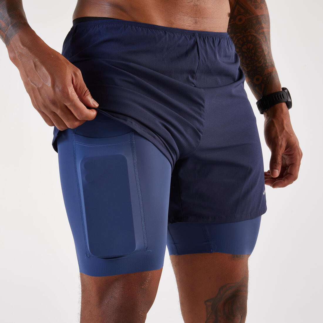 Shortse vrapimi 2 në 1 për meshkuj, Kiprun Run 500 Comfort blu marine 12